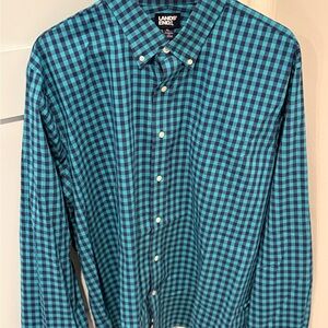 Lands' End Men's Teal and Black Checkered Shirt